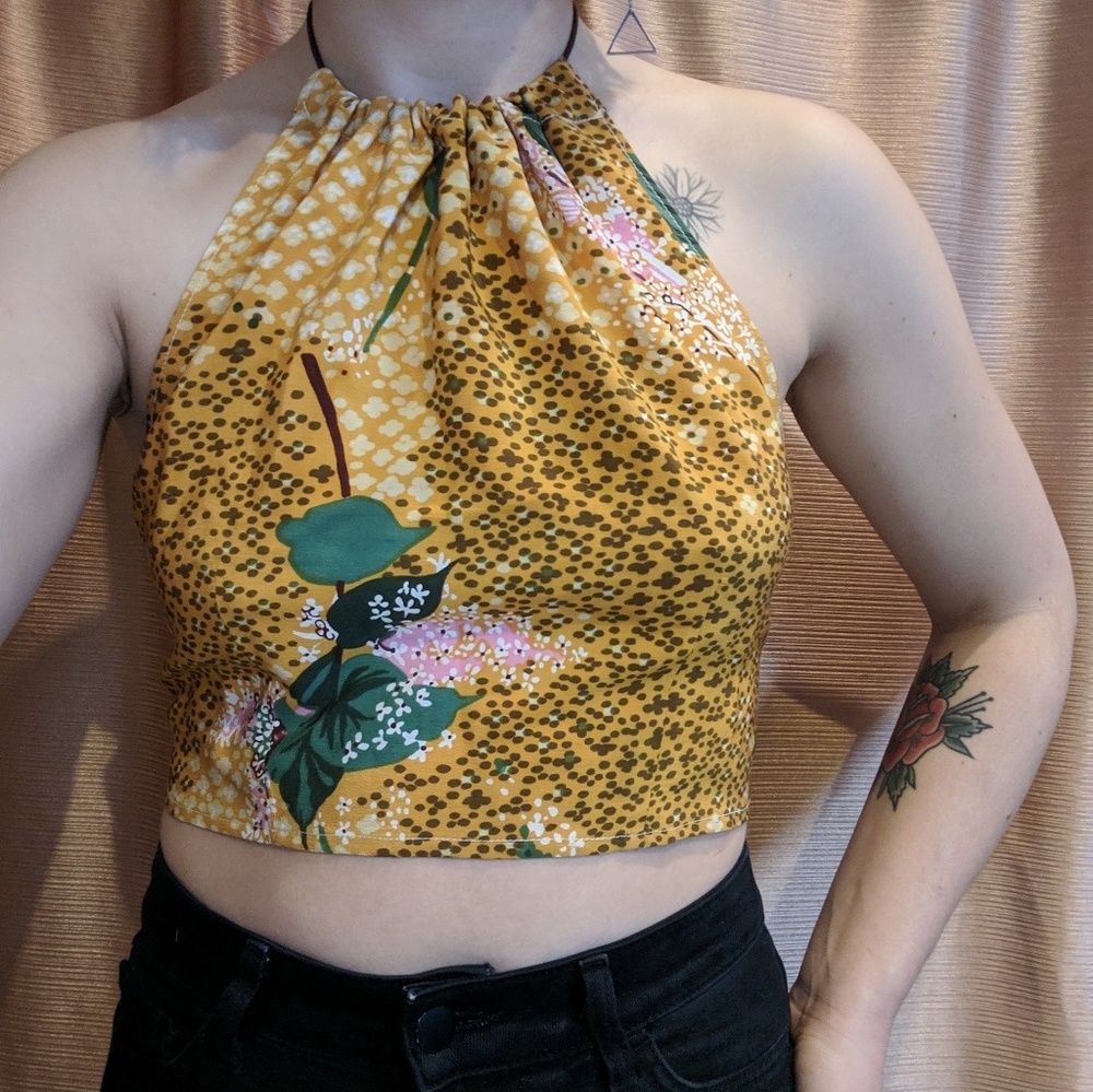 Vintage silk halter floral crop top